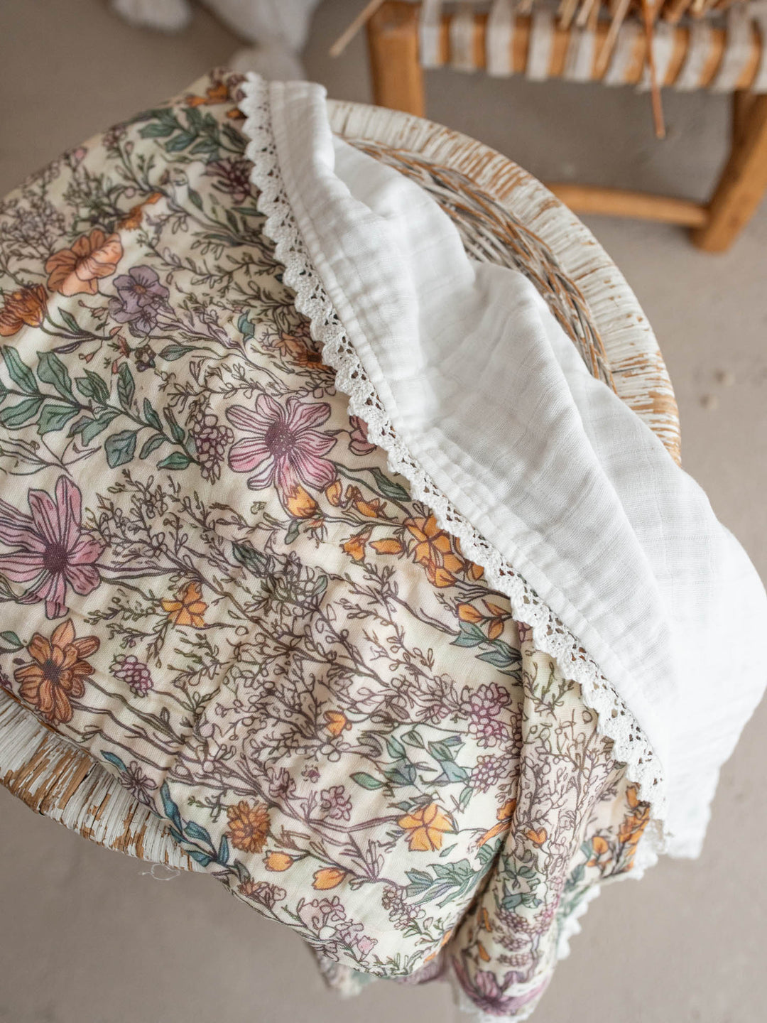 Dainty Miss Lavender Meadow wildflower muslin baby blanket with lace trim - Before & Ever Kids
