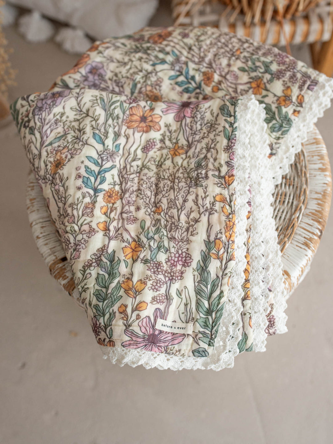Dainty Miss Lavender Meadow wildflower muslin baby blanket with lace trim - Before & Ever Kids