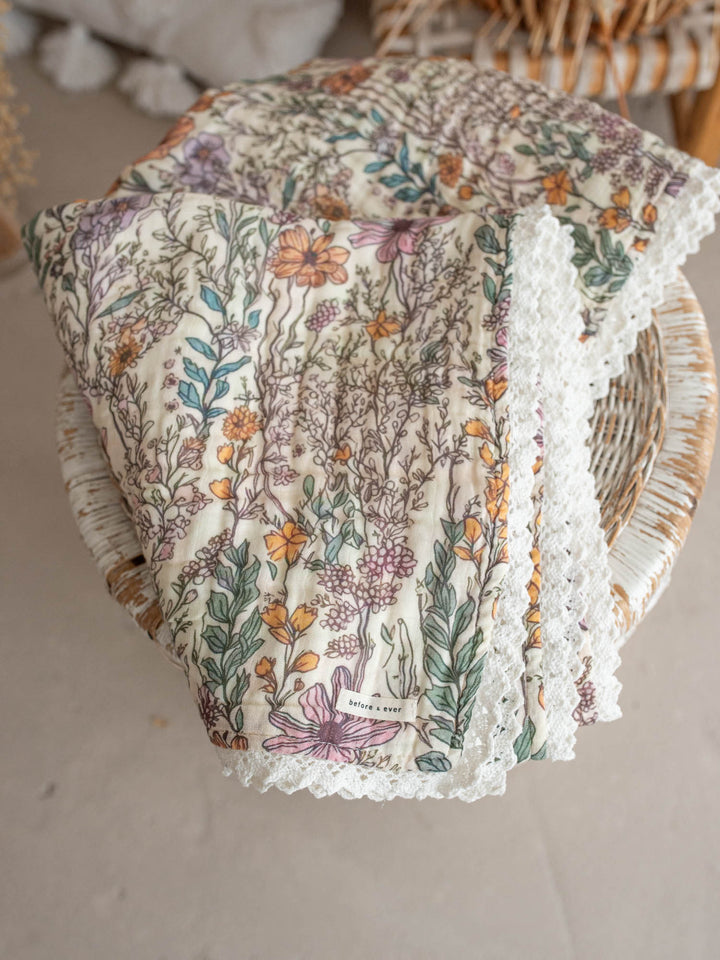 Dainty Miss Lavender Meadow wildflower muslin baby blanket with lace trim - Before & Ever Kids