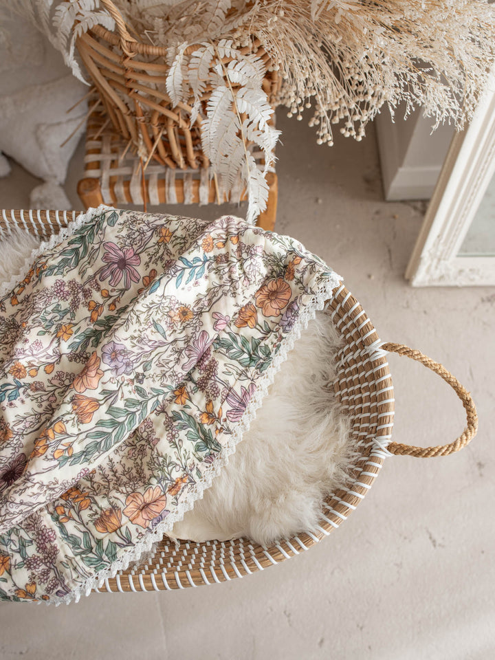 Dainty Miss Lavender Meadow wildflower muslin baby blanket with lace trim - Before & Ever Kids