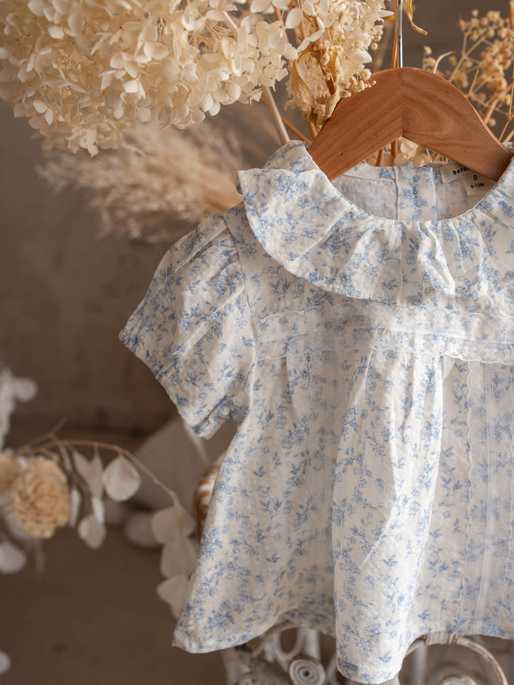 Dainty Miss Little Bluebell baby girl blue floral cotton top and shorts set with ruffle collar - Before & Ever Kids