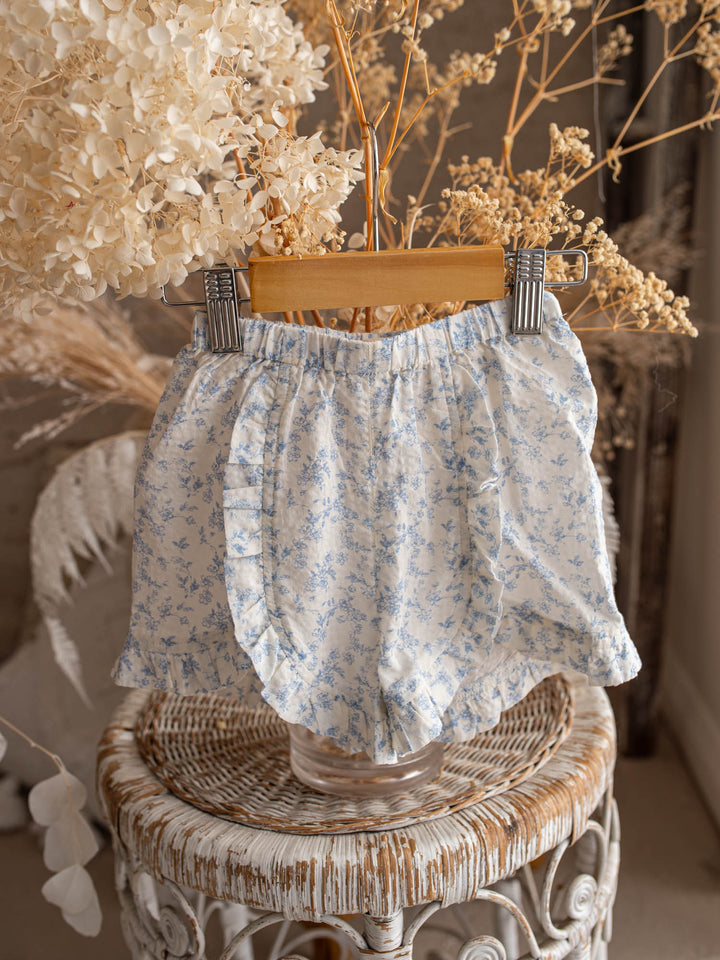 Dainty Miss Little Bluebell baby girl blue floral cotton top and shorts set with ruffle collar - Before & Ever Kids