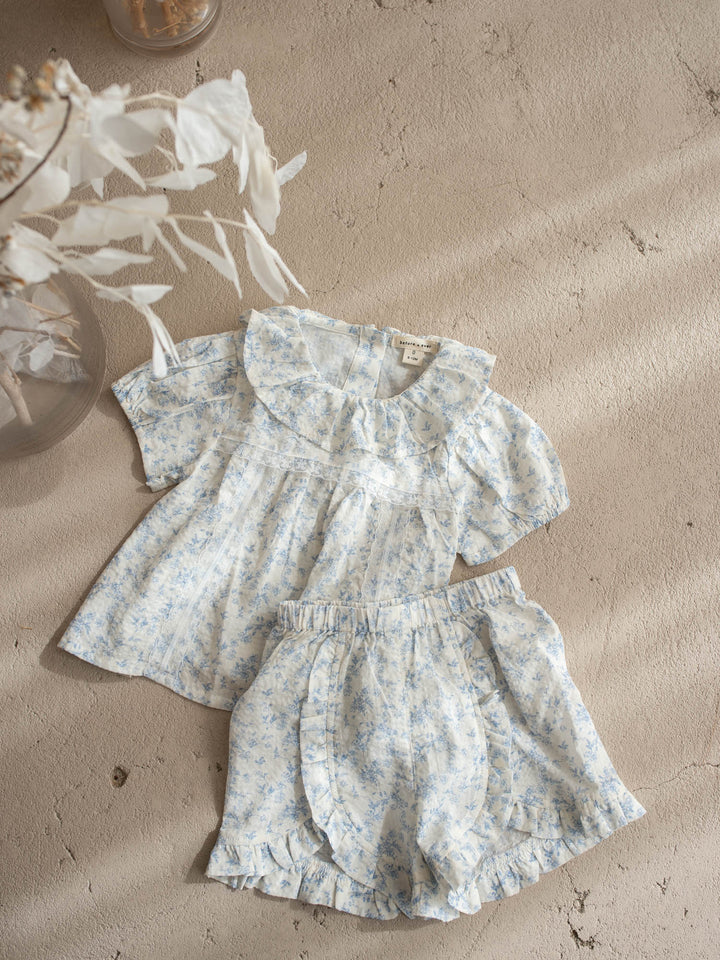 Dainty Miss Little Bluebell baby girl blue floral cotton top and shorts set with ruffle collar - Before & Ever Kids