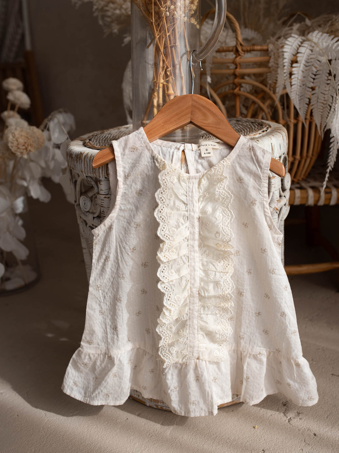 Dainty Miss Miss Ivory baby girl ivory floral cotton dress with cascading eyelet lace front, sleeveless - Before & Ever Kids
