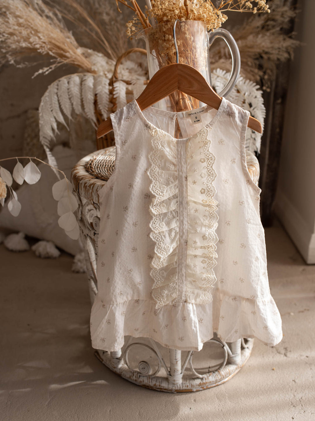 Dainty Miss Miss Ivory baby girl ivory floral cotton dress with cascading eyelet lace front, sleeveless - Before & Ever Kids