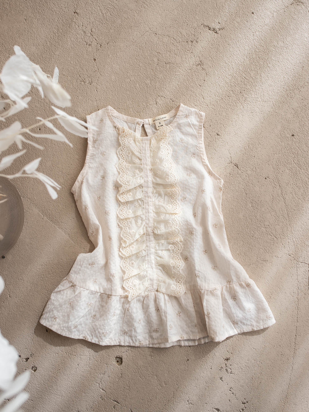Dainty Miss Miss Ivory baby girl ivory floral cotton dress with cascading eyelet lace front, sleeveless - Before & Ever Kids
