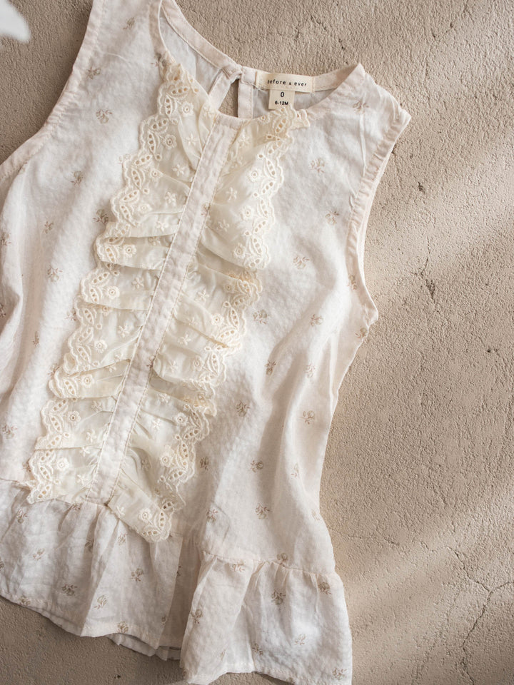 Dainty Miss Miss Ivory baby girl ivory floral cotton dress with cascading eyelet lace front, sleeveless - Before & Ever Kids