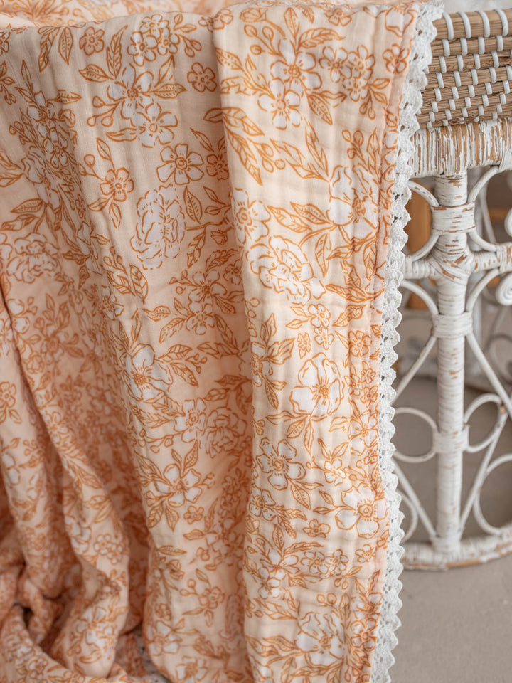 Dainty Miss Peach Blossom muslin baby blanket with lace trim - Before & Ever Kids