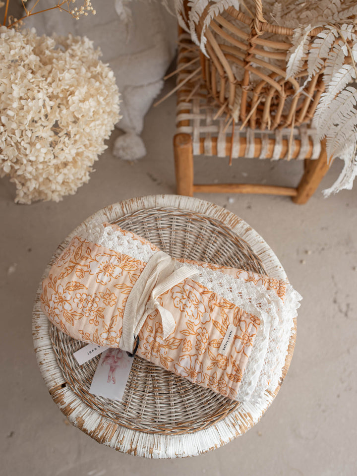 Dainty Miss Peach Blossom muslin baby blanket with lace trim - Before & Ever Kids