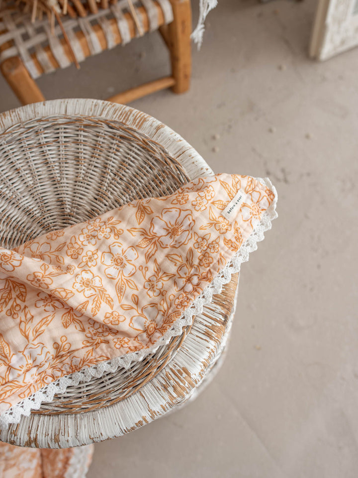 Dainty Miss Peach Blossom muslin baby blanket with lace trim - Before & Ever Kids