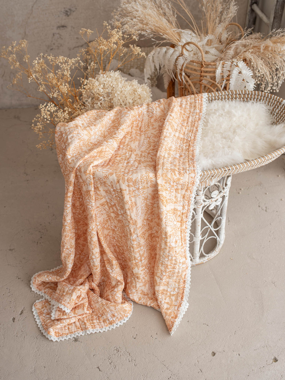 Dainty Miss Peach Blossom muslin baby blanket with lace trim - Before & Ever Kids