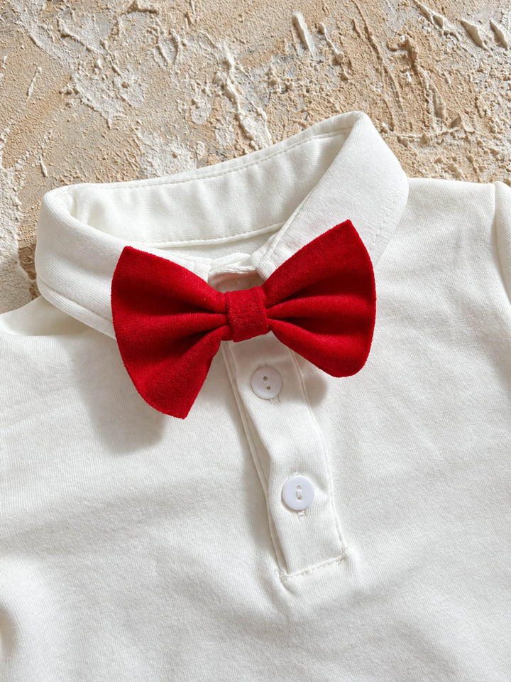 Everyday Cotton Polo, white long sleeve cotton polo, close up of the collar, styled with a red velvet bow tie (sold separately) - Before & Ever Kids