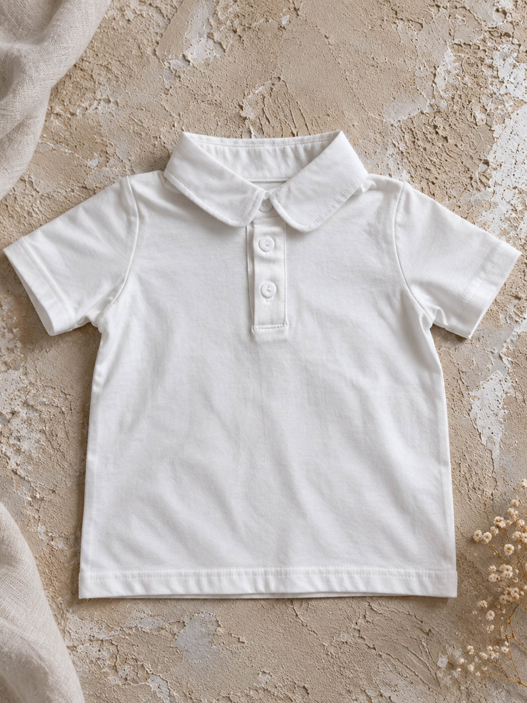 Everyday Cotton Polo, white short sleeve cotton polo, laid flat, full front - Before & Ever Kids