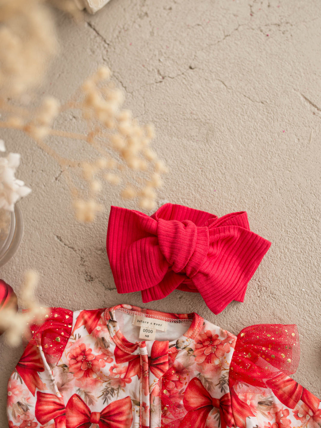 Forever Loved red ribbed baby topknot headwrap, oversized bow - Before & Ever Kids