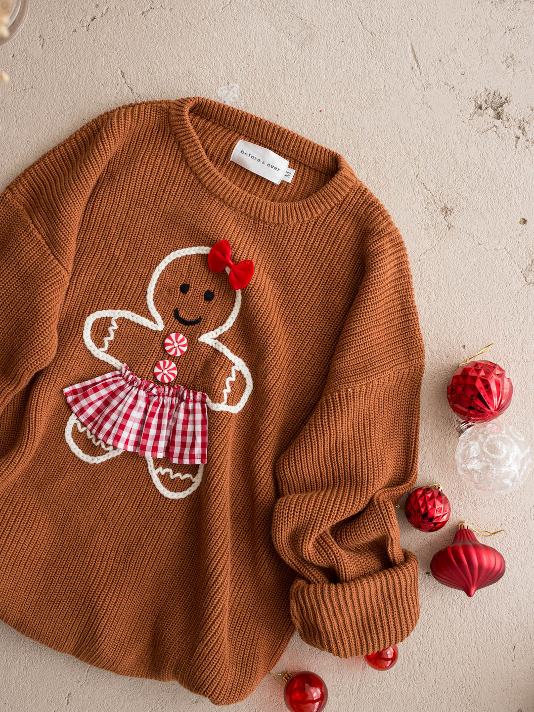 Gingerbread Sweater for Mama, caramel knit with an embroidered gingerbread girl in a gingham skirt - Before & Ever Kids