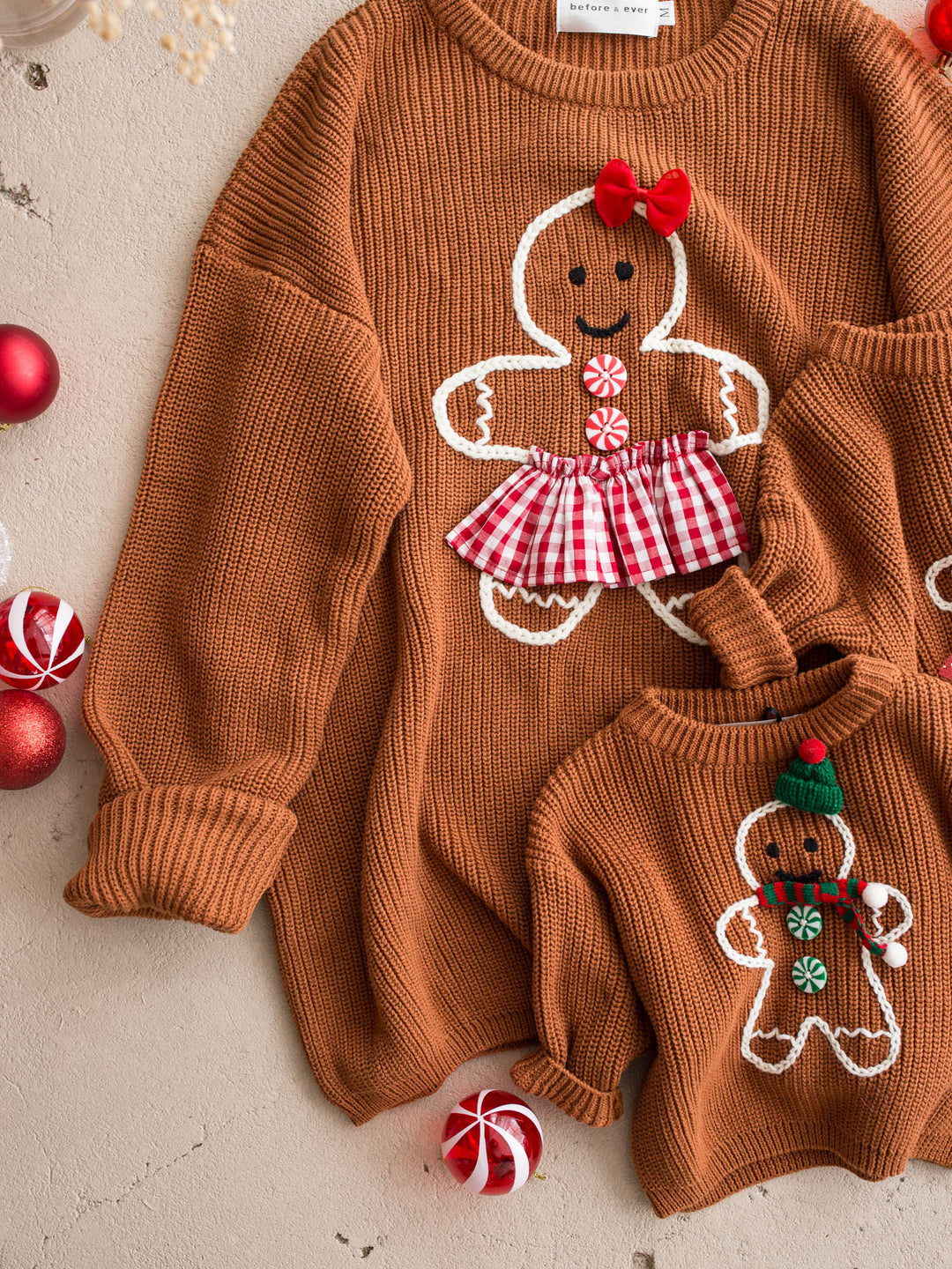 Gingerbread Sweater for Mama shown with the matching kids and adult gingerbread sweaters - Before & Ever Kids