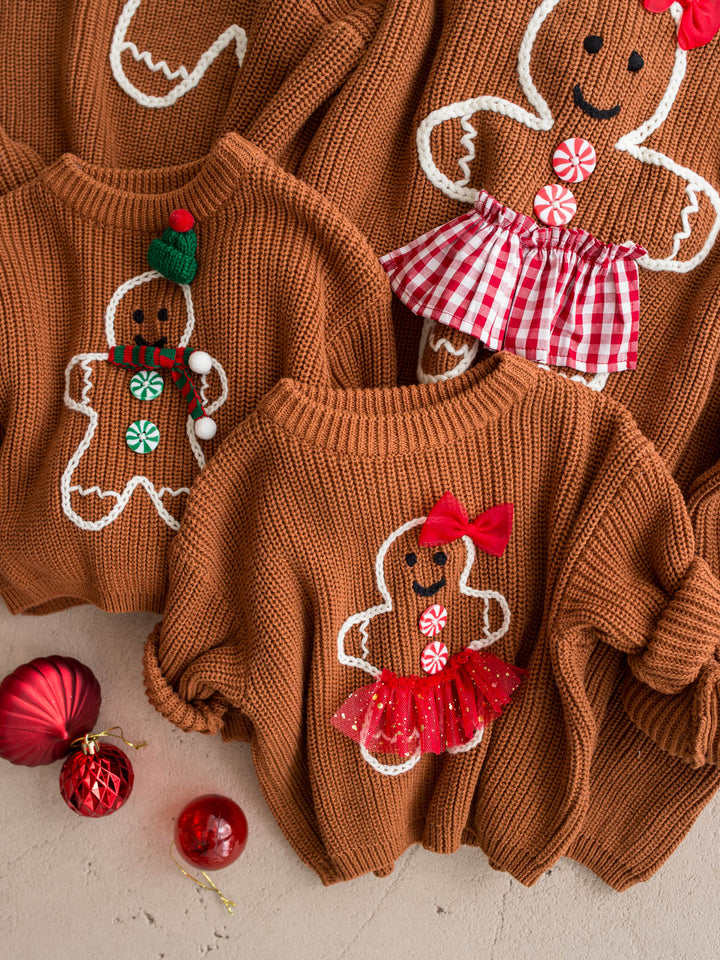 Gingerbread Sweater for Mama shown with the matching kids and adult gingerbread sweaters - Before & Ever Kids