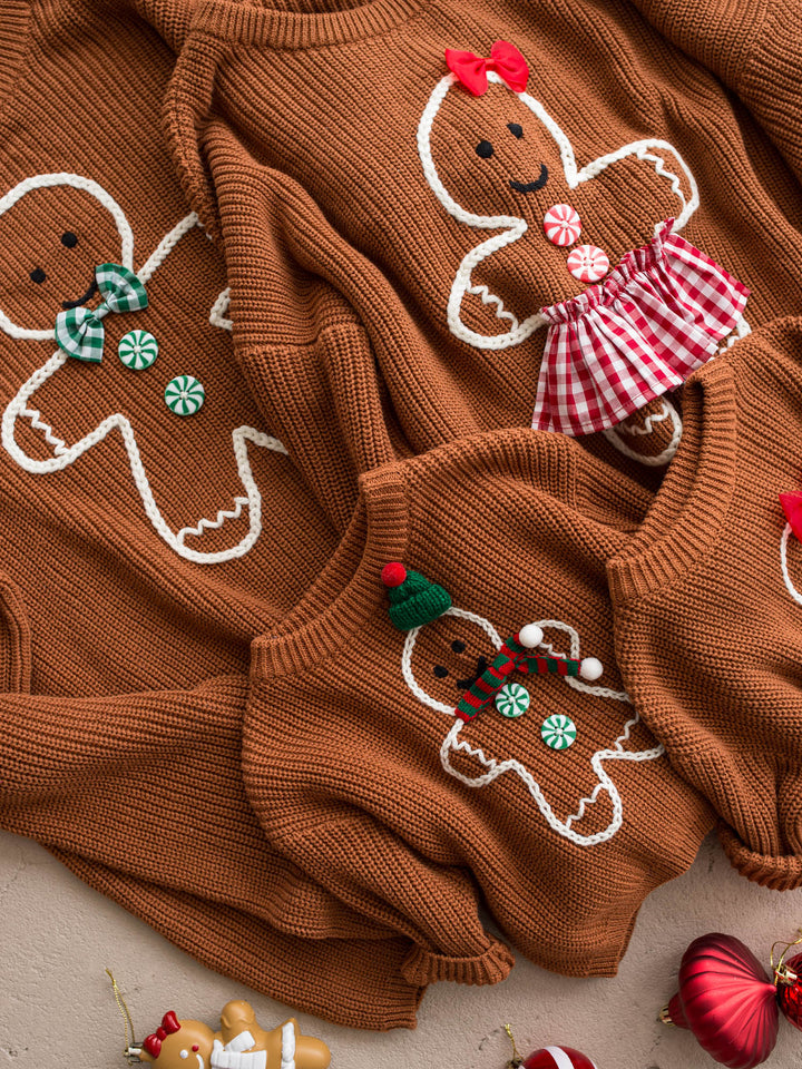 Gingerbread Sweater for Mama shown with the matching kids and adult gingerbread sweaters - Before & Ever Kids