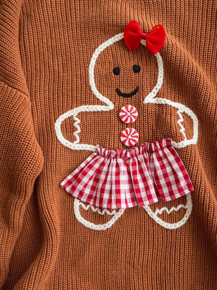 Gingerbread Sweater for Mama, caramel knit with an embroidered gingerbread girl in a gingham skirt - Before & Ever Kids