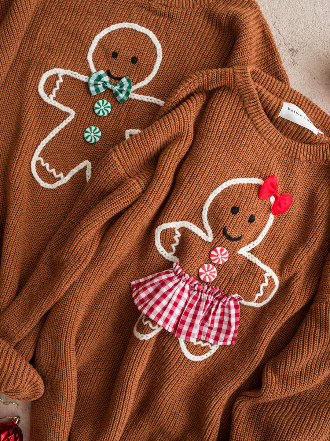 Gingerbread Sweater for Mama, caramel knit with an embroidered gingerbread girl in a gingham skirt - Before & Ever Kids