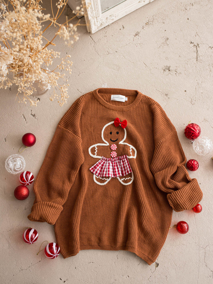 Gingerbread Sweater for Mama shown with the matching kids and adult gingerbread sweaters - Before & Ever Kids
