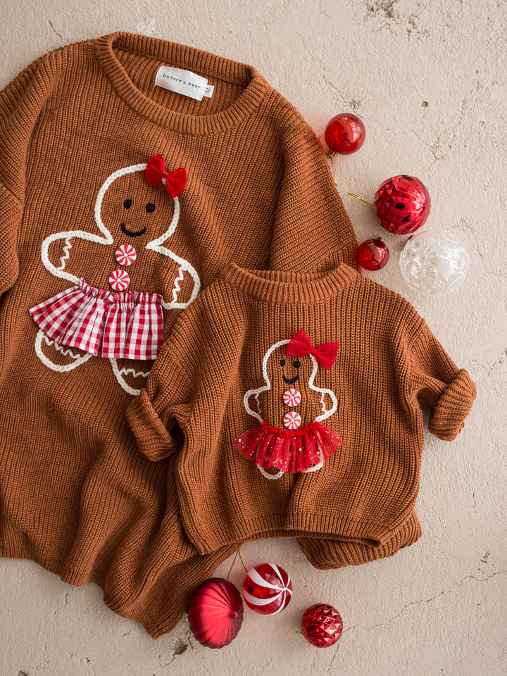 Gingerbread Sweater for Mama shown with the matching kids and adult gingerbread sweaters - Before & Ever Kids