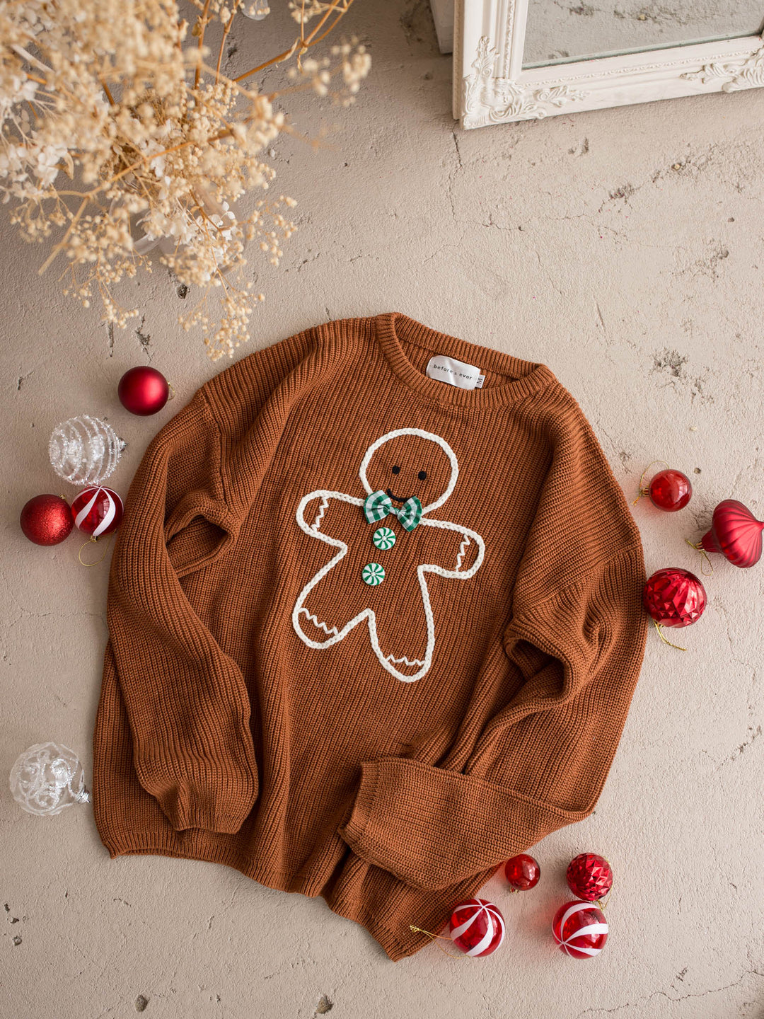 Gingerbread Sweater unisex adult, caramel knit with an embroidered gingerbread boy in a green beanie and scarf - Before & Ever Kids