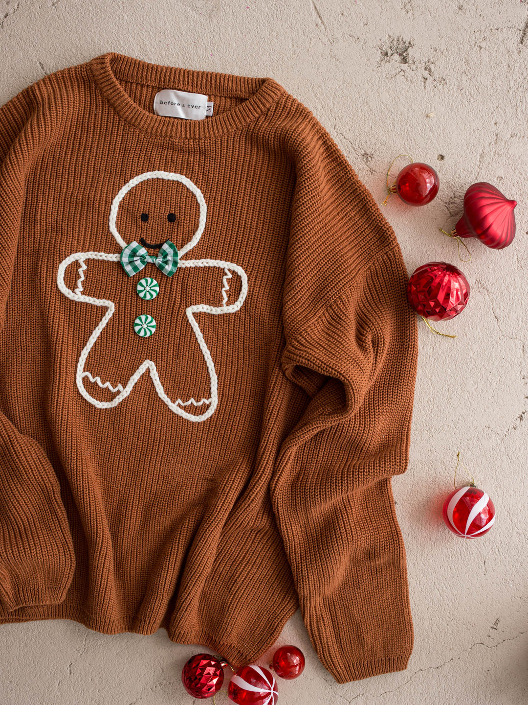 Gingerbread Sweater unisex adult, caramel knit with an embroidered gingerbread boy in a green beanie and scarf - Before & Ever Kids