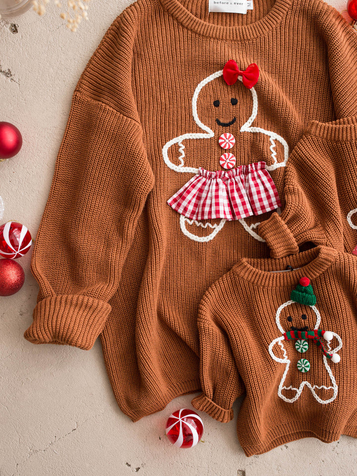 Gingerbread Sweater unisex adult shown with the matching kids and adult gingerbread sweaters - Before & Ever Kids