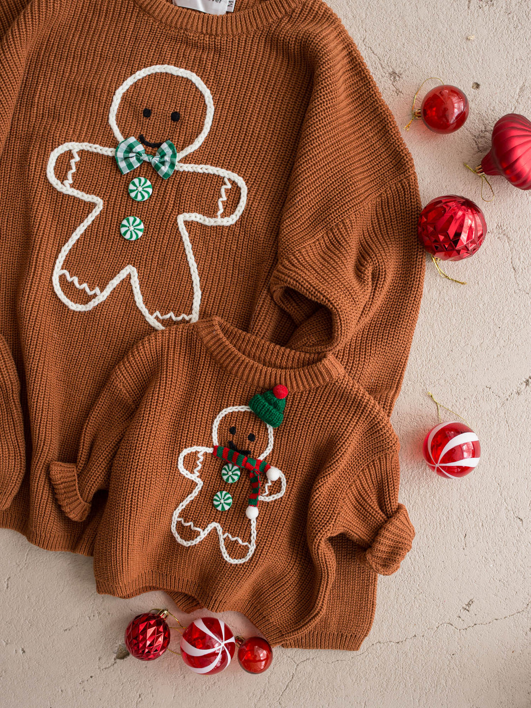 Gingerbread Sweater unisex adult shown with the matching kids and adult gingerbread sweaters - Before & Ever Kids