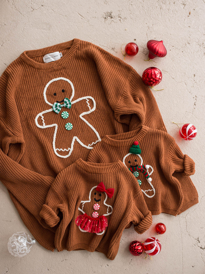 Gingerbread Sweater unisex adult shown with the matching kids and adult gingerbread sweaters - Before & Ever Kids
