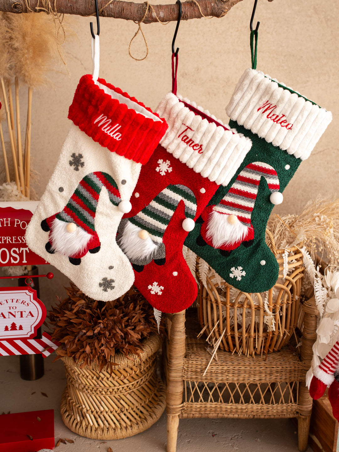 Gnome For Christmas personalised Christmas stocking, three stockings hanging side by side above Christmas decorations - Before & Ever Kids