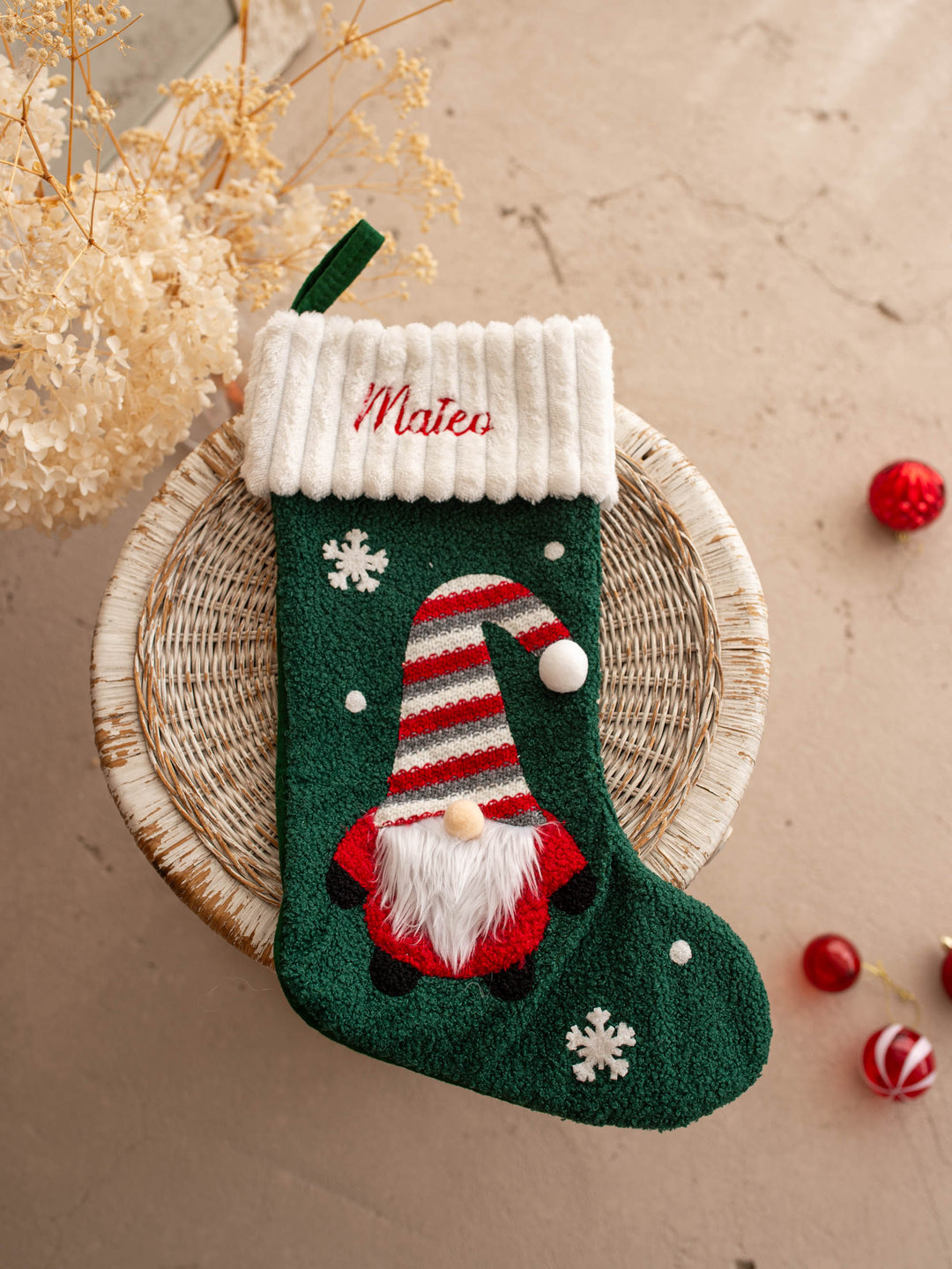 Gnome For Christmas personalised Christmas stocking, green with a white ribbed cuff and a striped hat gnome, name embroidered on the cuff - Before & Ever Kids