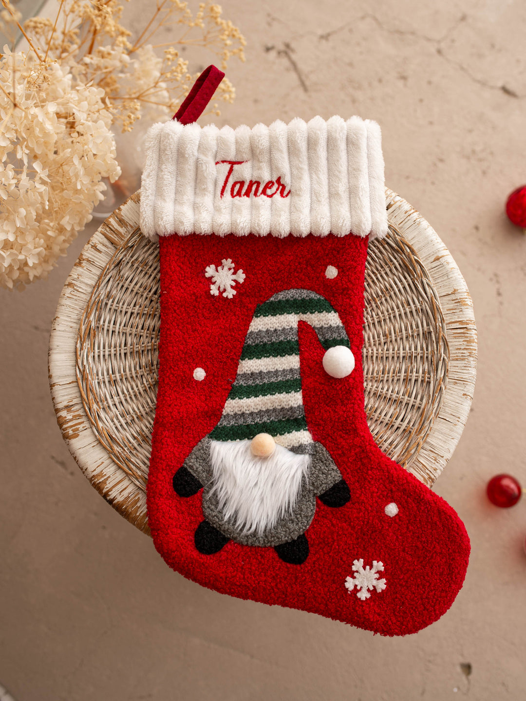 Gnome For Christmas personalised Christmas stocking, red with a white ribbed cuff and a striped hat gnome, name embroidered on the cuff - Before & Ever Kids