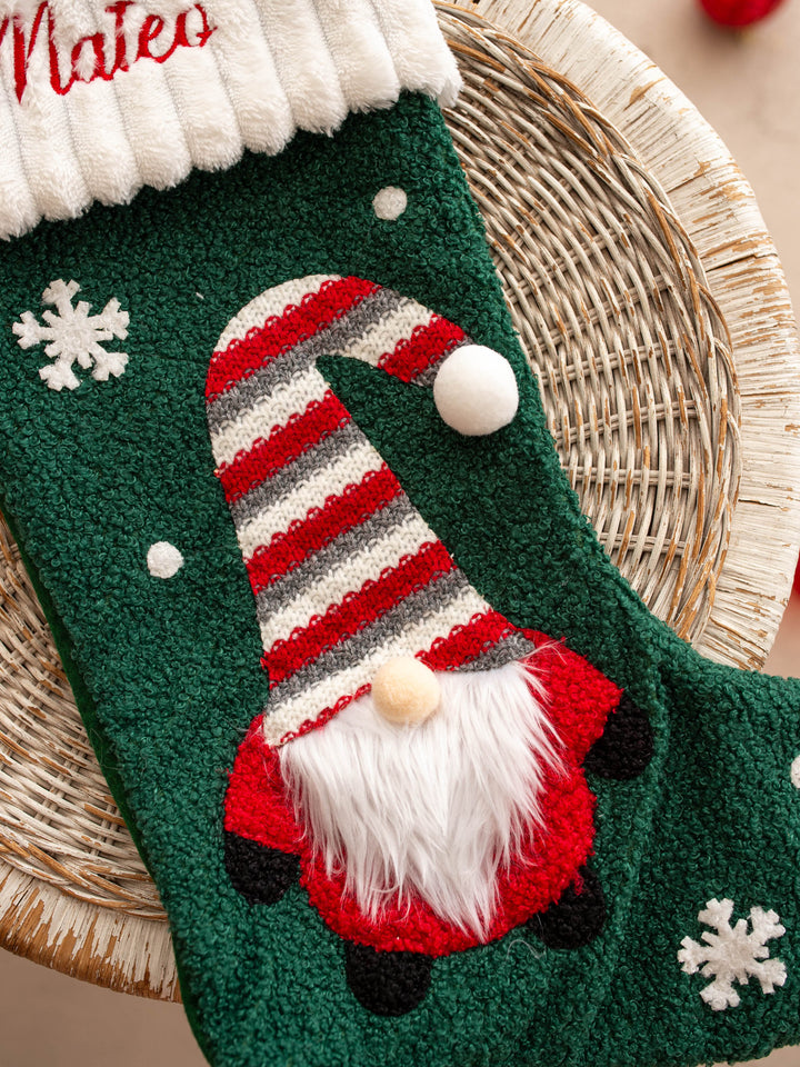 Gnome For Christmas personalised Christmas stocking, close up of the gnome on the green stocking, fluffy white beard and striped hat - Before & Ever Kids
