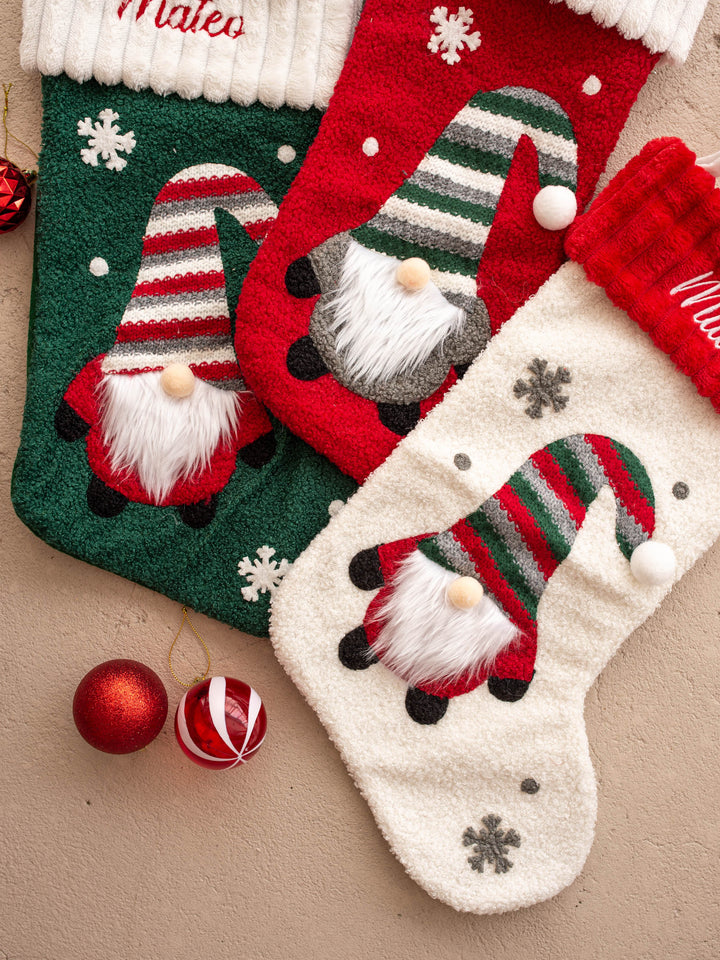Gnome For Christmas personalised Christmas stocking, green, red and cream stockings overlapping, close on the gnomes - Before & Ever Kids