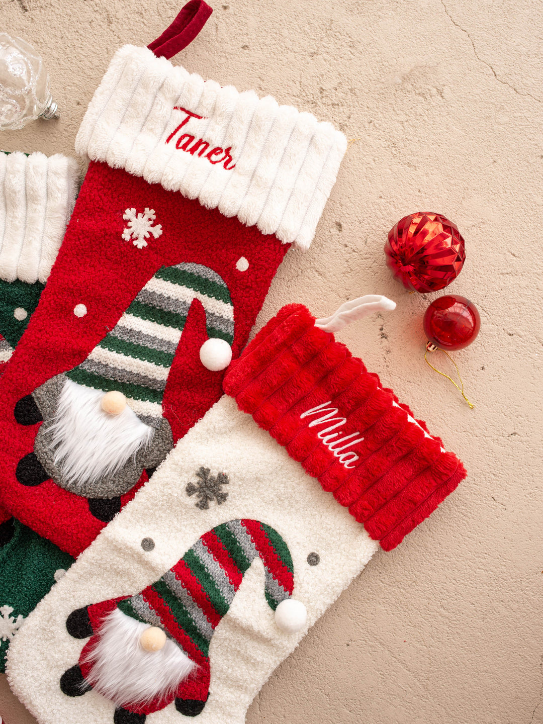 Gnome For Christmas personalised Christmas stocking, red and cream stockings close up, showing the textured fabric and cuffs - Before & Ever Kids