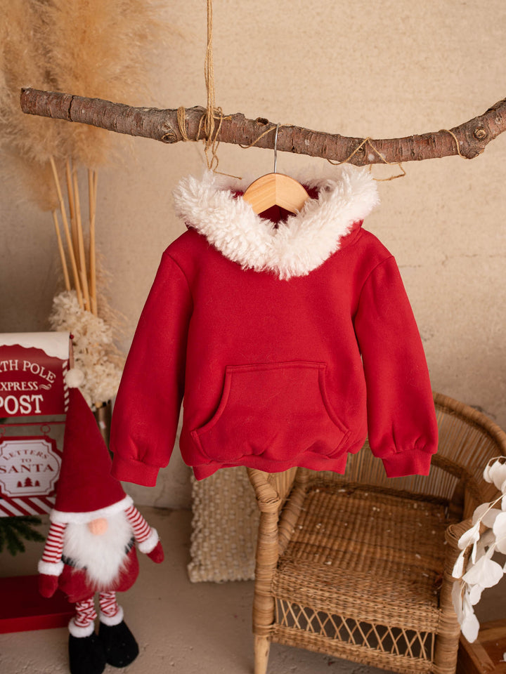 Ho Ho Hoodie red kids hoodie with a Santa hat hood, front view, white fluffy trim - Before & Ever Kids