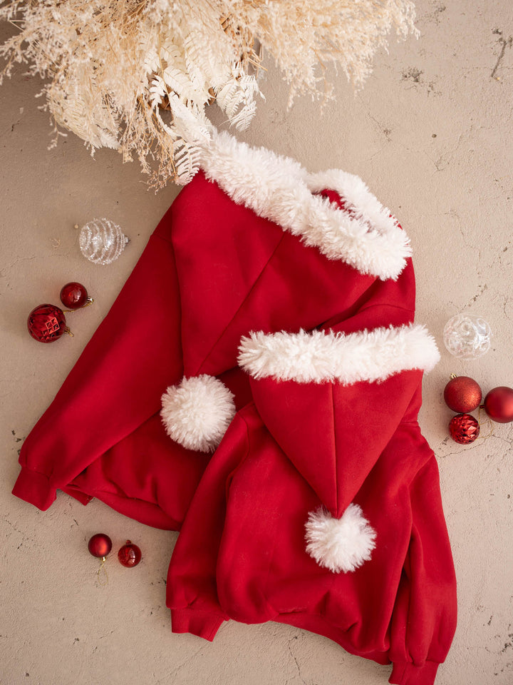 Ho Ho Hoodie adult and kids hoodies, back, pom-poms together - Before & Ever Kids
