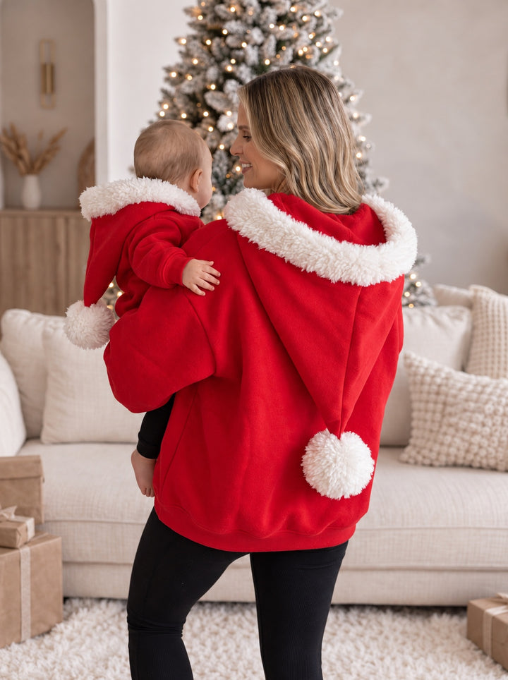 Ho Ho Hoodie red kids hoodie from behind on a baby, pom-pom on the Santa hat hood - Before & Ever Kids