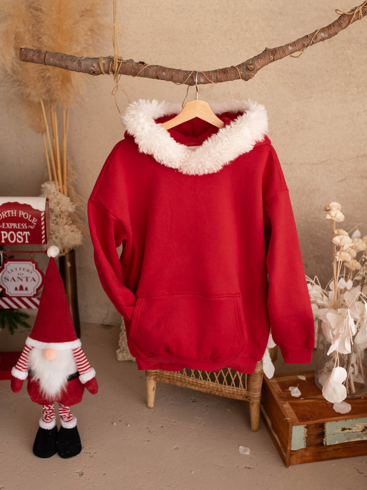 Ho Ho Hoodie red adult hoodie with a Santa hat hood, front view, white fluffy trim - Before & Ever Kids