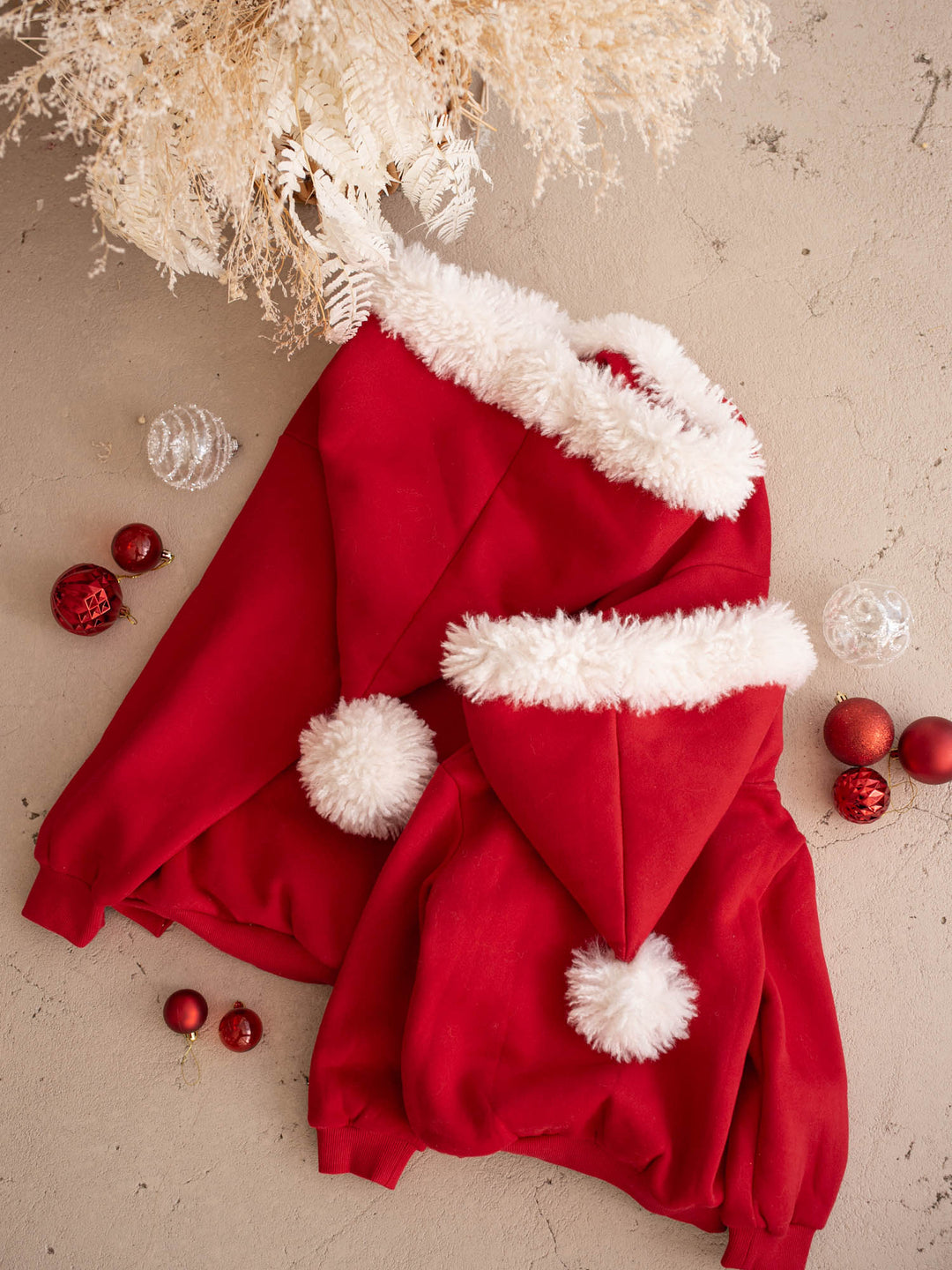 Ho Ho Hoodie adult and kids hoodies, back, pom-poms together - Before & Ever Kids