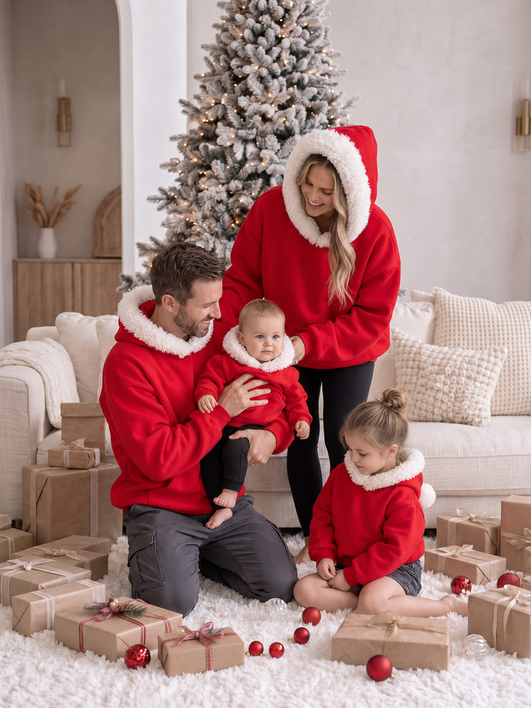 Ho Ho Hoodie red adult hoodie worn by a mum and a dad with their children in the matching kids hoodies - Before & Ever Kids