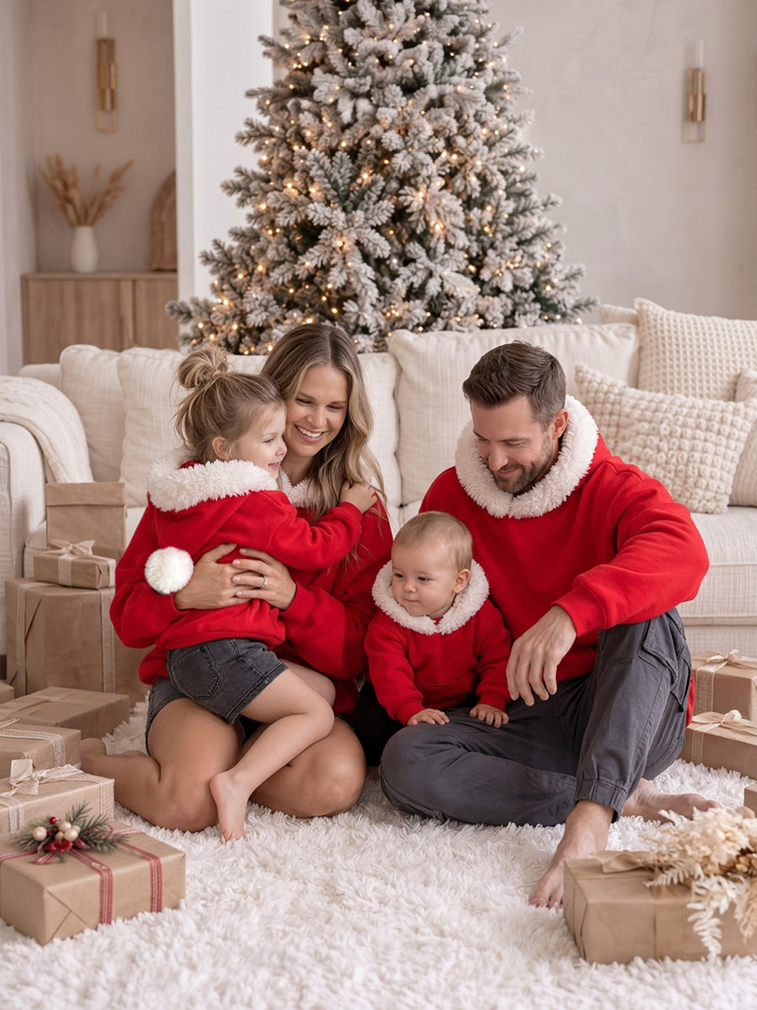Ho Ho Hoodie red adult hoodie on a mum and a dad sitting with two children in the matching kids hoodies - Before & Ever Kids