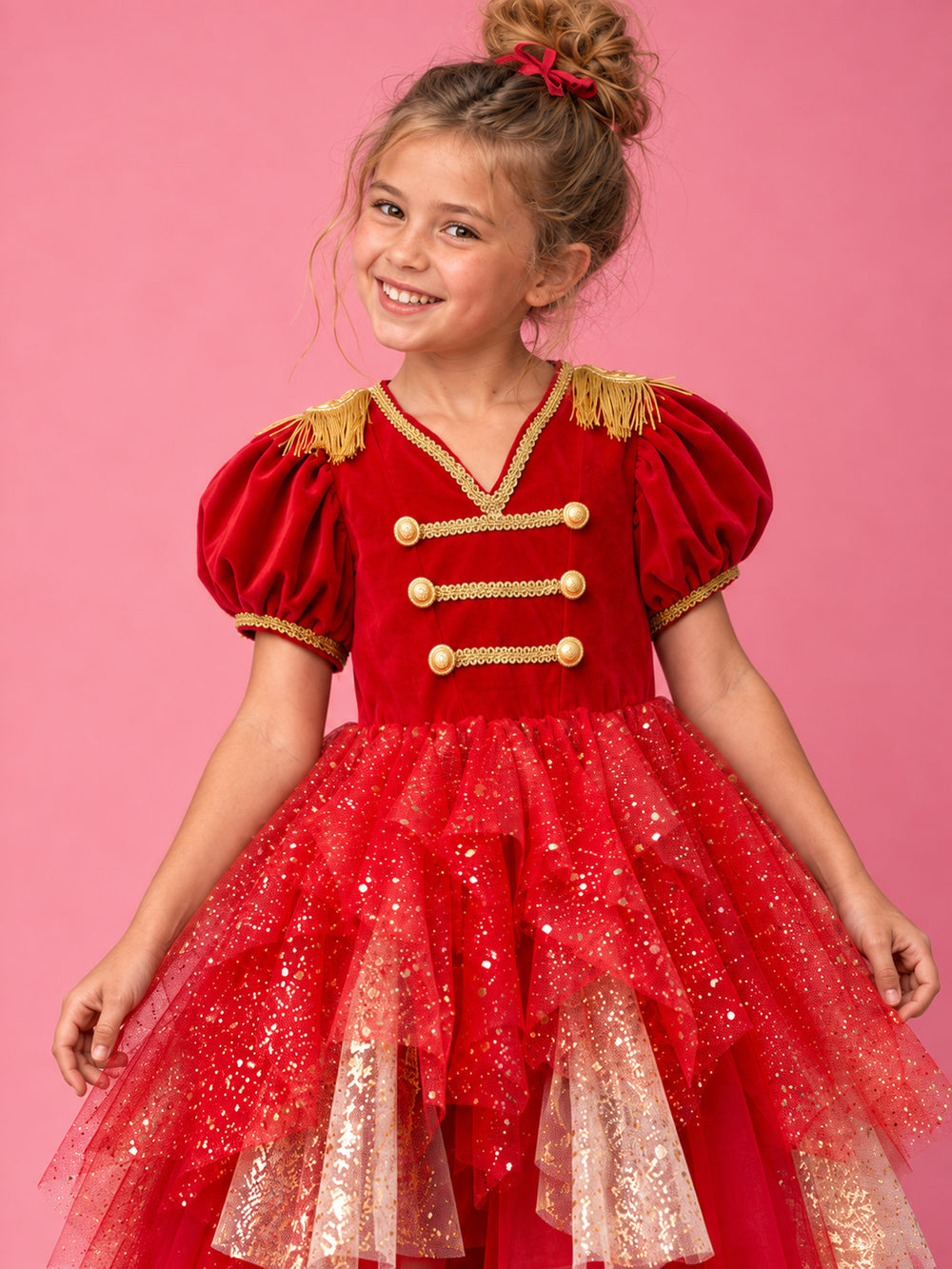 Little Drummer red close up of the bodice, three rows of gold braid with gold buttons on red velvet, gold fringed epaulettes and puff sleeves - Before & Ever Kids