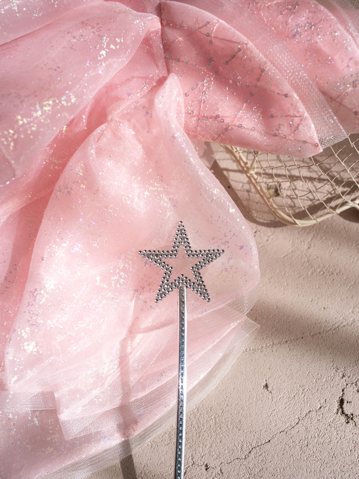 Little Good Witch pink glitter organza dress glitter detail with star wand - Before & Ever Kids