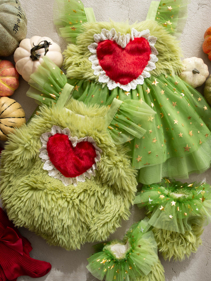 Little Grump green faux-fur baby romper with red heart - Before & Ever Kids