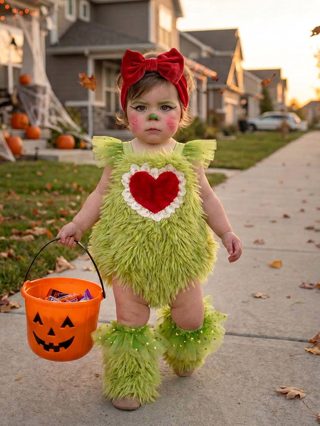 Little Grump green faux-fur romper on baby trick-or-treating with pumpkin candy bucket and matching leg warmers - Before & Ever Kids