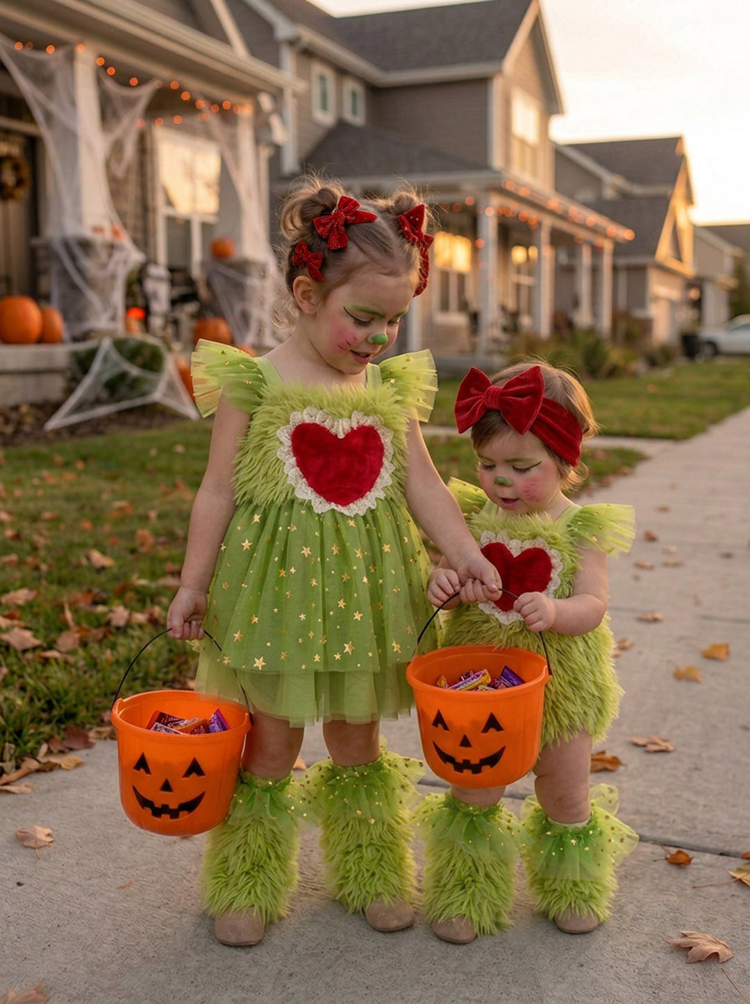 Little Grump green faux-fur romper on baby checking a pumpkin candy bucket with big sister in matching dress - Before & Ever Kids