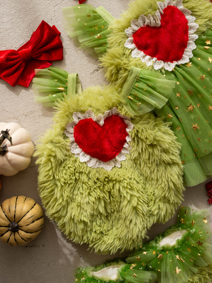 Little Grump green faux-fur baby romper with red heart - Before & Ever Kids